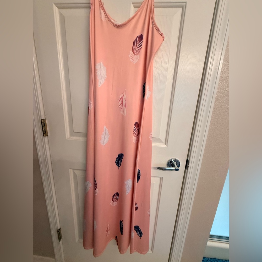 Coral Pink Sz Large Maxi Dress with Feather Print